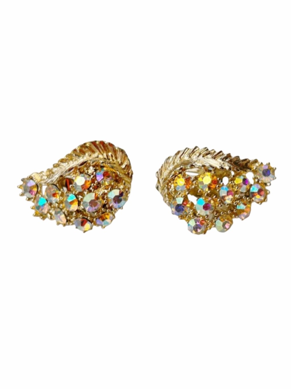 Vintage 1960s SIGNED BSK Aurora Borealis Iridescent Leafy Rhinestone Earrings